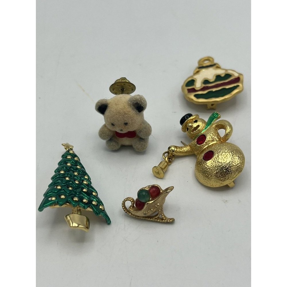 5 Christmas Holiday Brooches Pin Snowman, Tree Sleigh, Bauble. Metal Felt bear - Picture 12 of 16